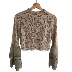 Mind Code Womens Y2K Coquette Lace Crop Top Size S  Boho Victorian Bell Sleeve